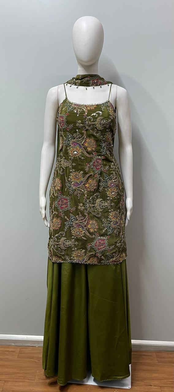Olive Paisley Embroidered Palazzo Set