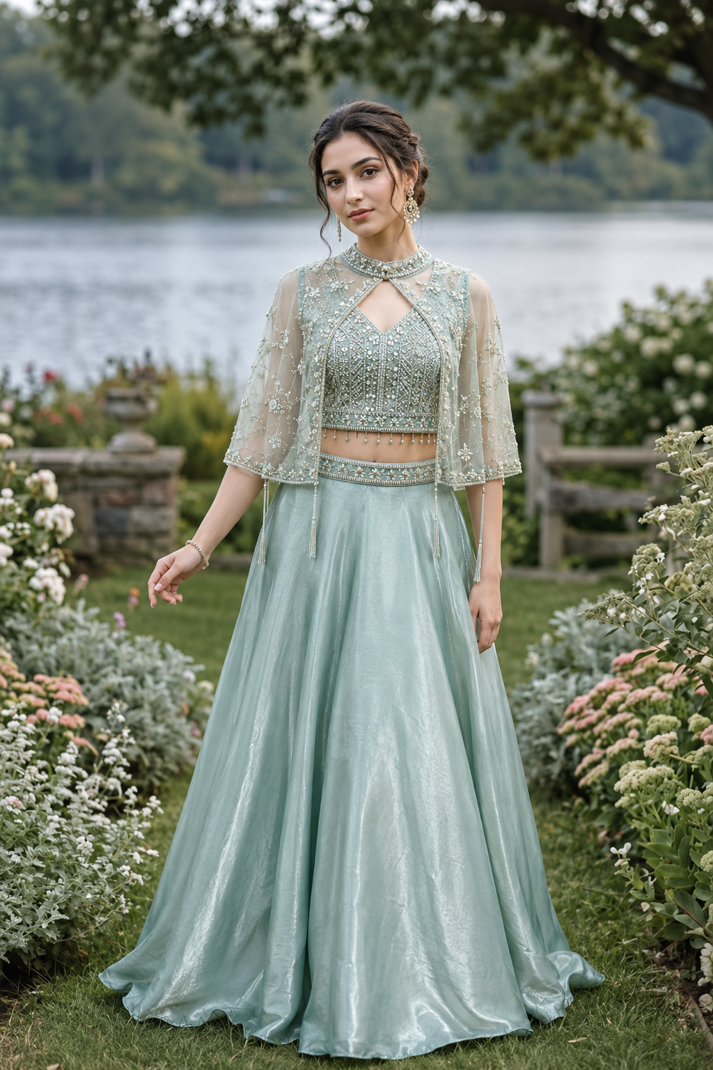 Mint Pearl Cape Lehenga Set