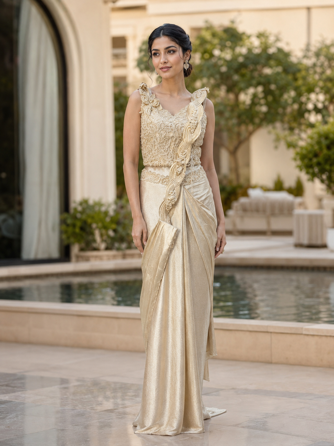 Champagne Appliqué Draped Saree Set