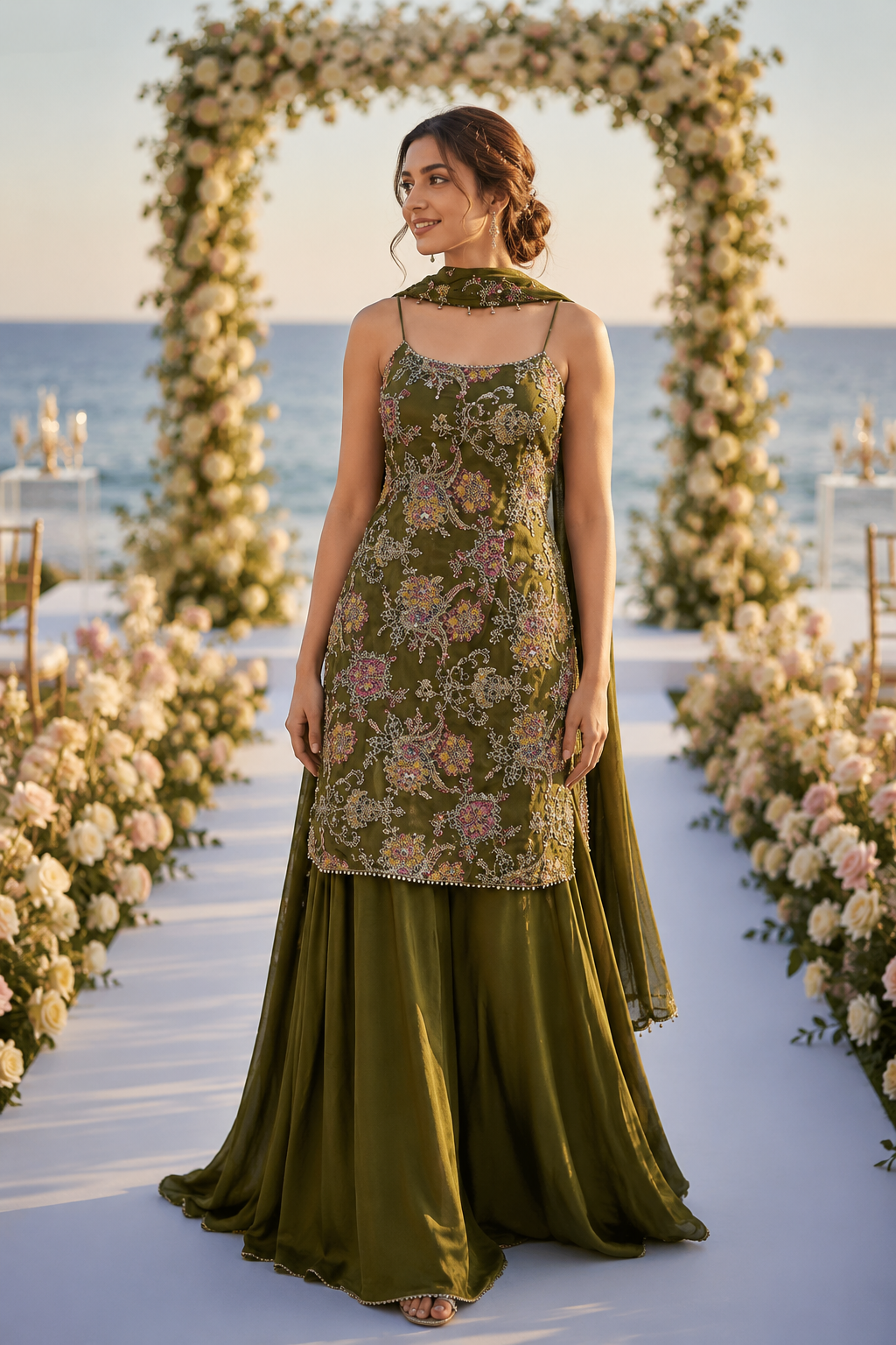Olive Paisley Embroidered Palazzo Set