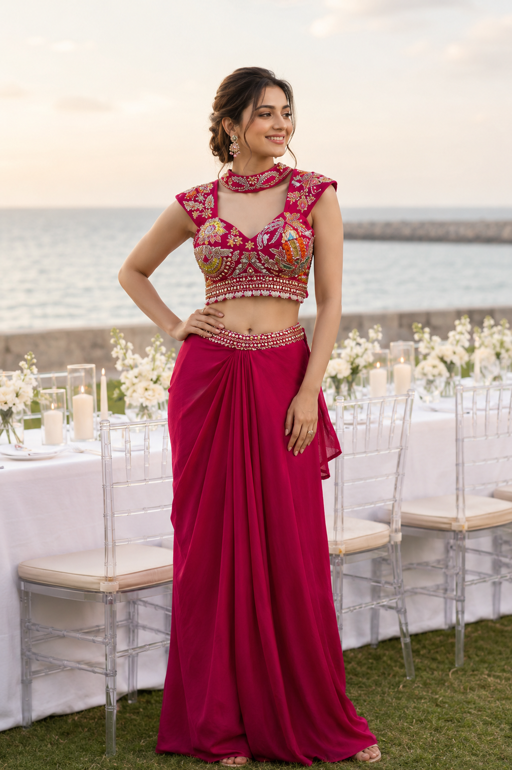 Fuchsia Multicolor Embroidered Draped Skirt Set
