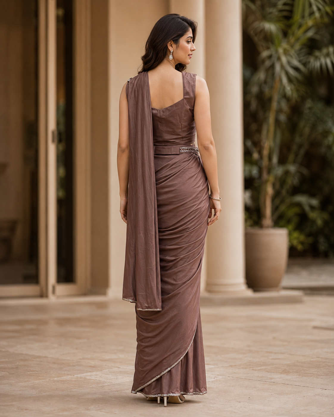 Mocha Silver Draped Saree Set