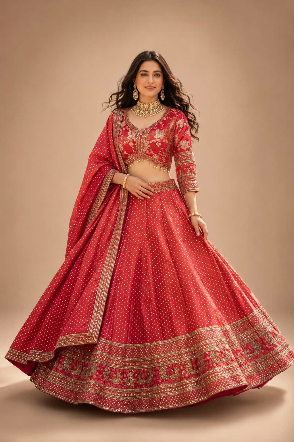 Scarlet Red Gold Zari Lehenga Ensemble