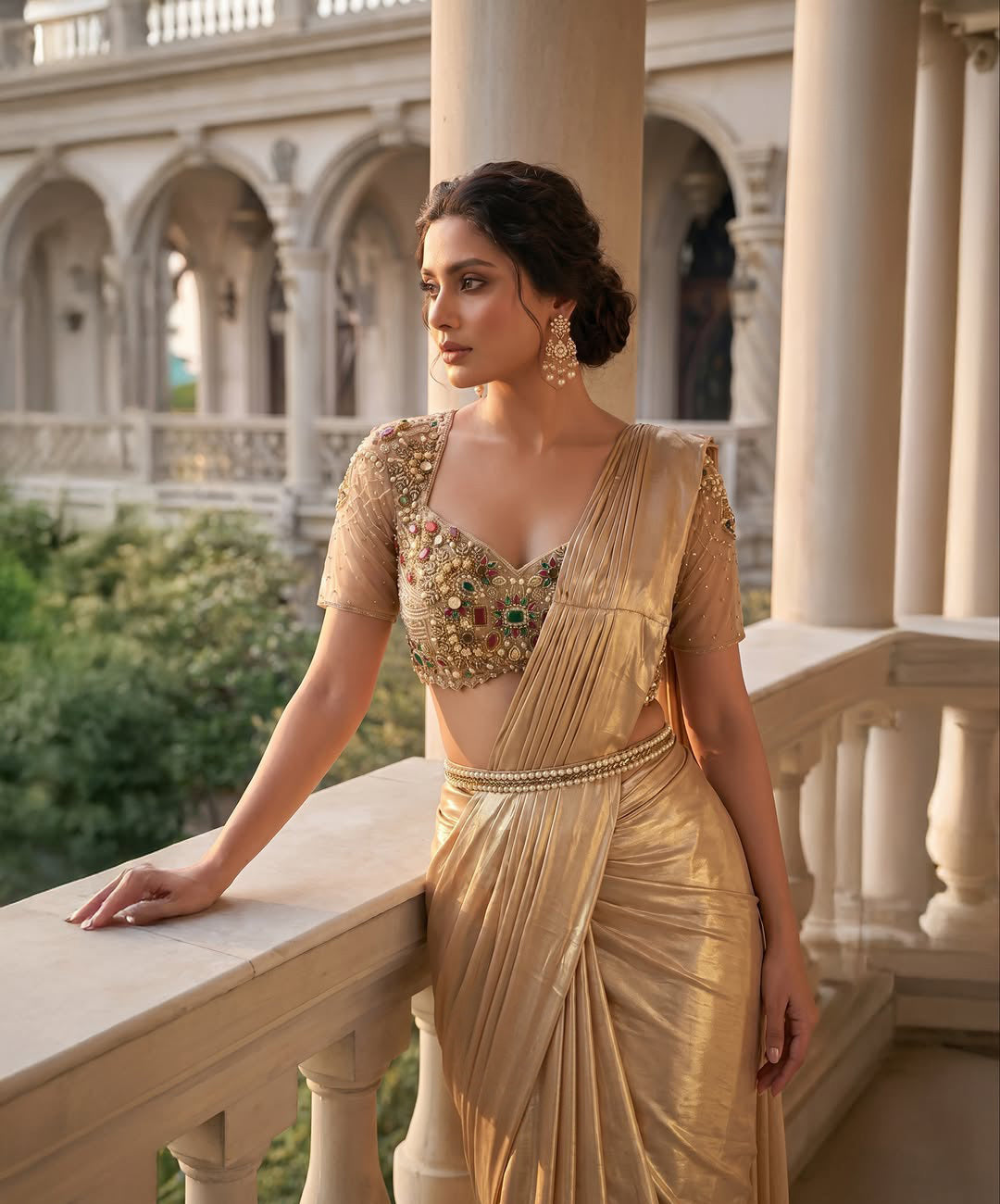 Champagne Drape Saree Couture Ensemble