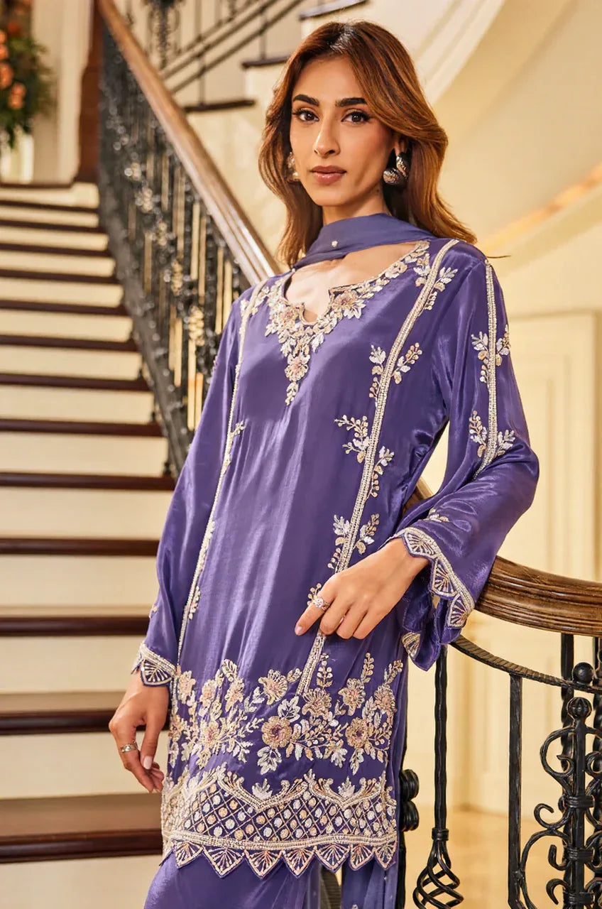 Lavender Noor Embroidered Kurta Palazzo Set - MishUUU