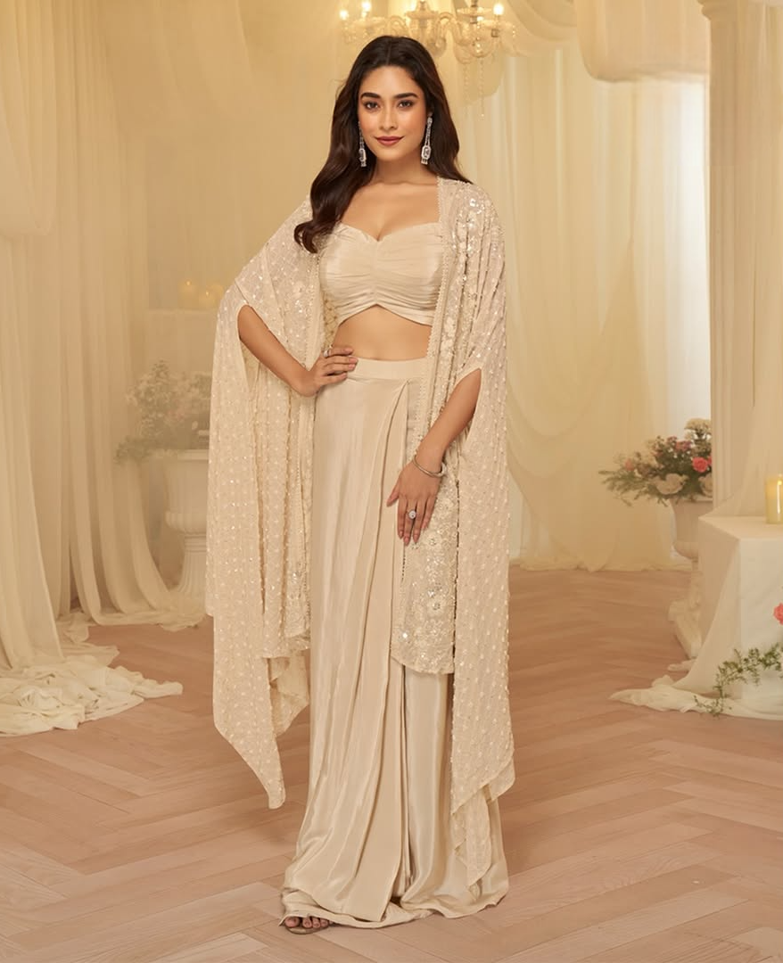 Champagne Luxe Draped Lehenga with Embellished Cape