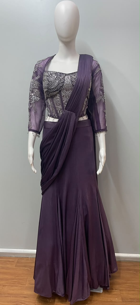Plum Silver Draped Saree Set