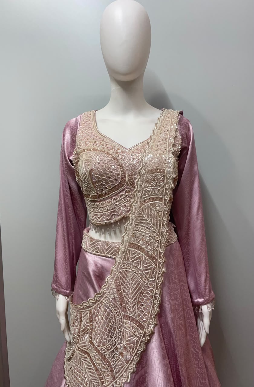 Blush Pink Zari Draped Lehenga Set