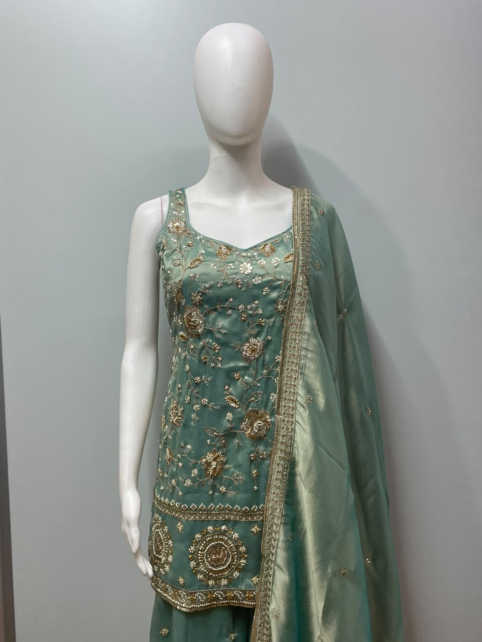 Mint Gold Embroidered Palazzo Set