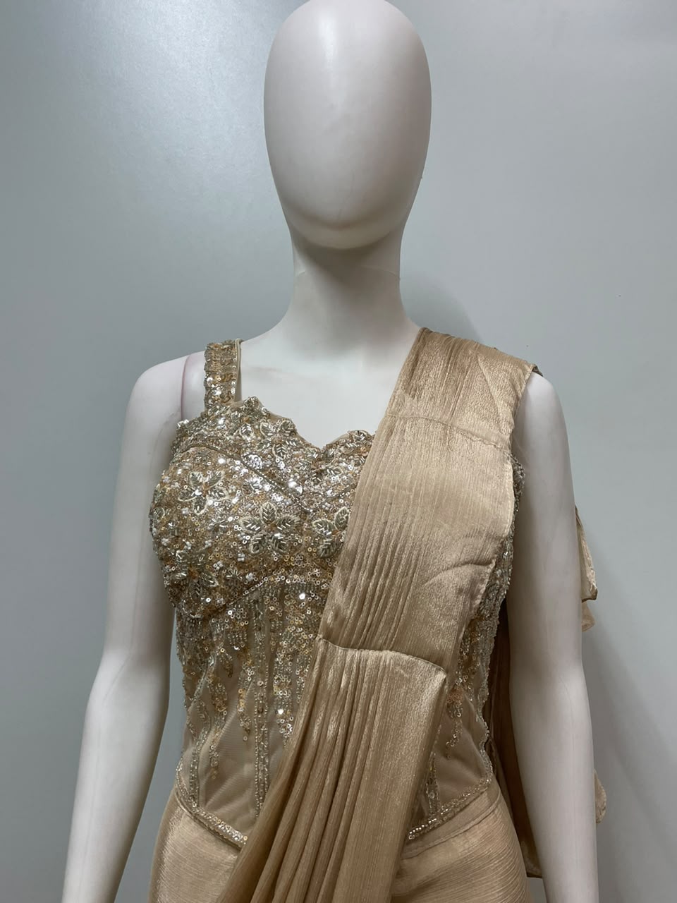 Champagne Gold Embellished Pre-Draped Saree Set