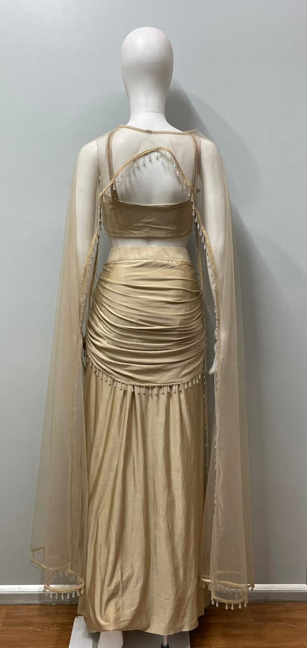 Champagne Pearl Draped Cape Lehenga Set