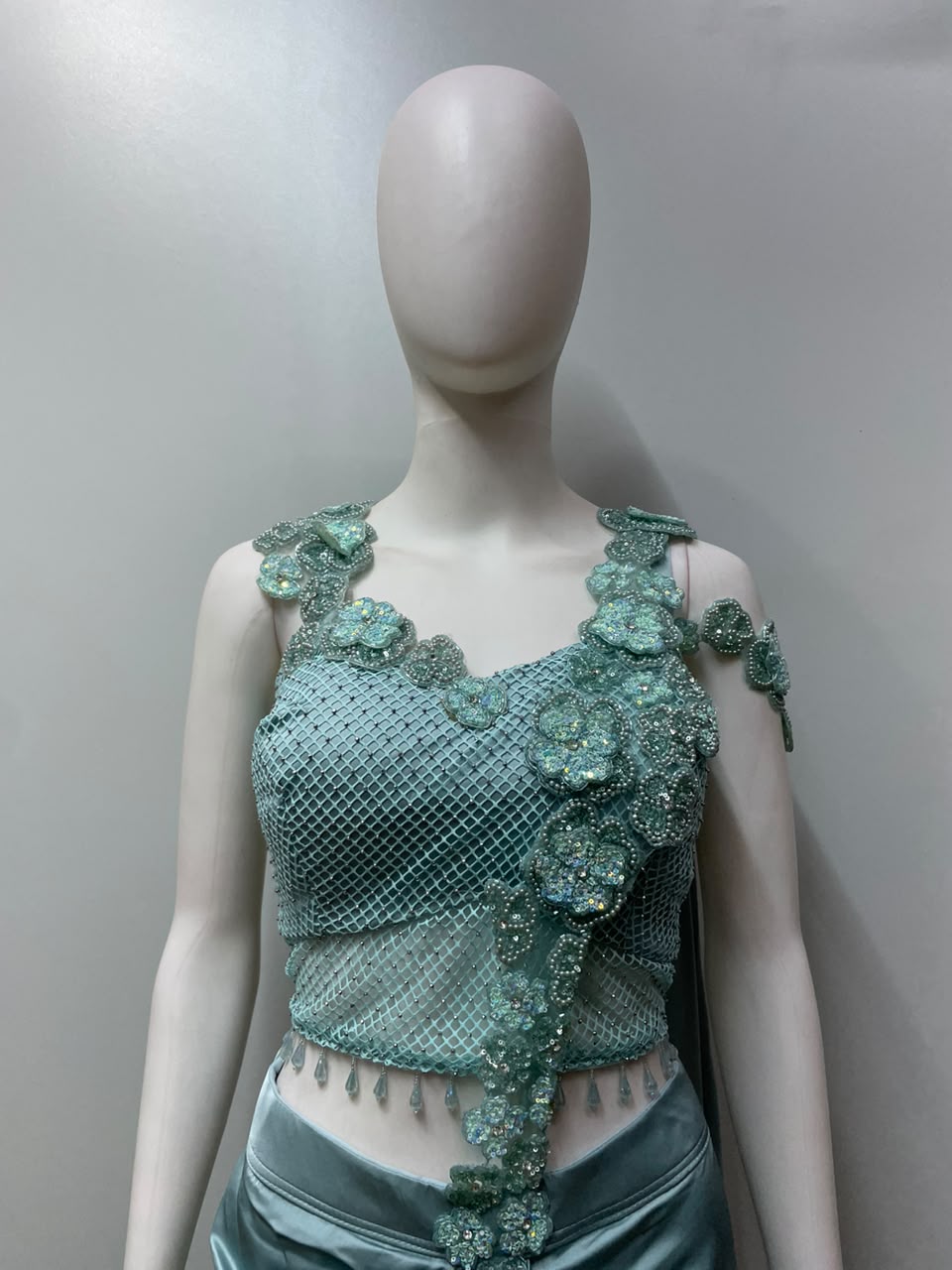 Seafoam Floral Embellished Draped Saree Set