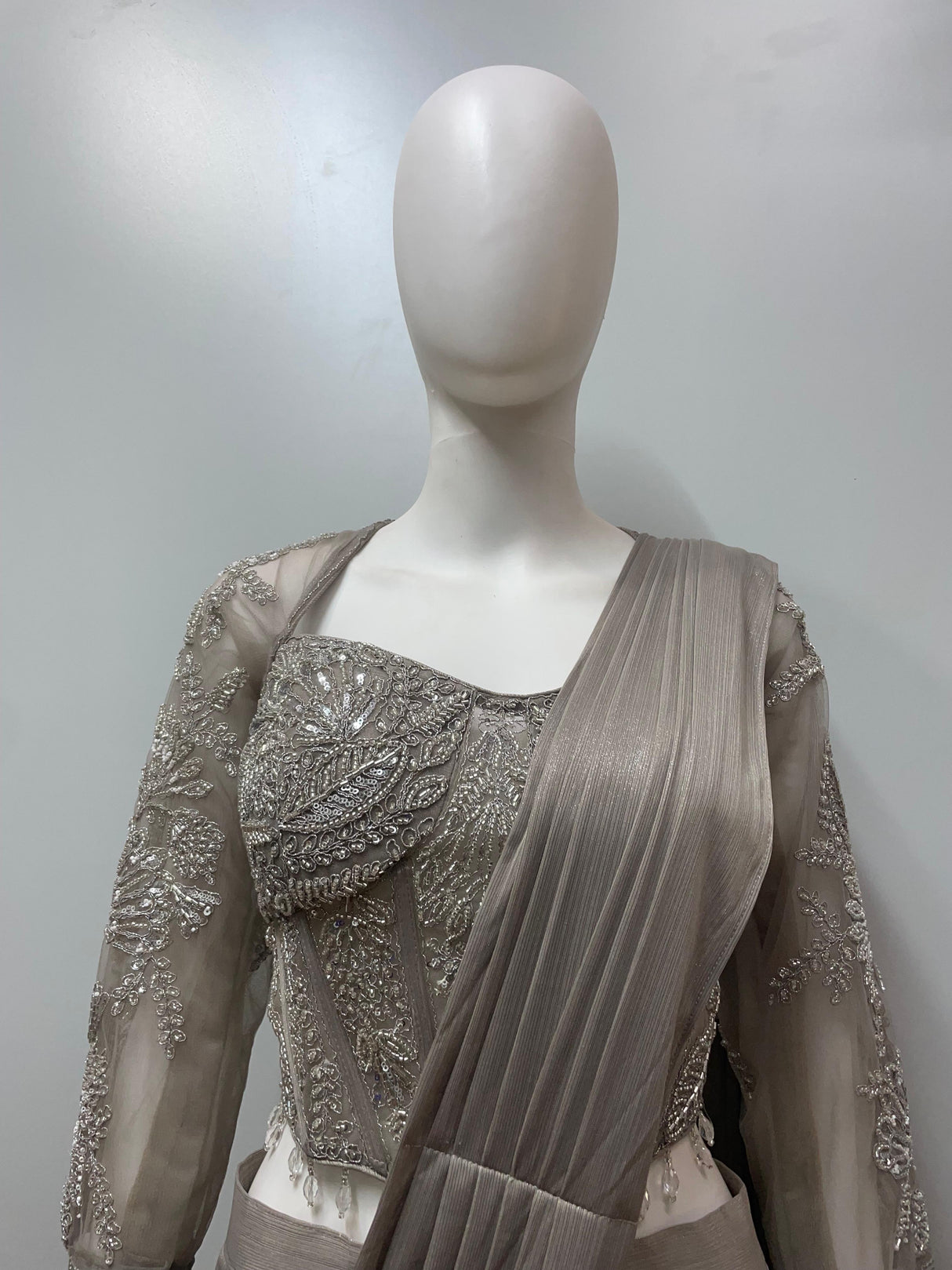 Taupe Silver Corset Pre-Draped Saree Set
