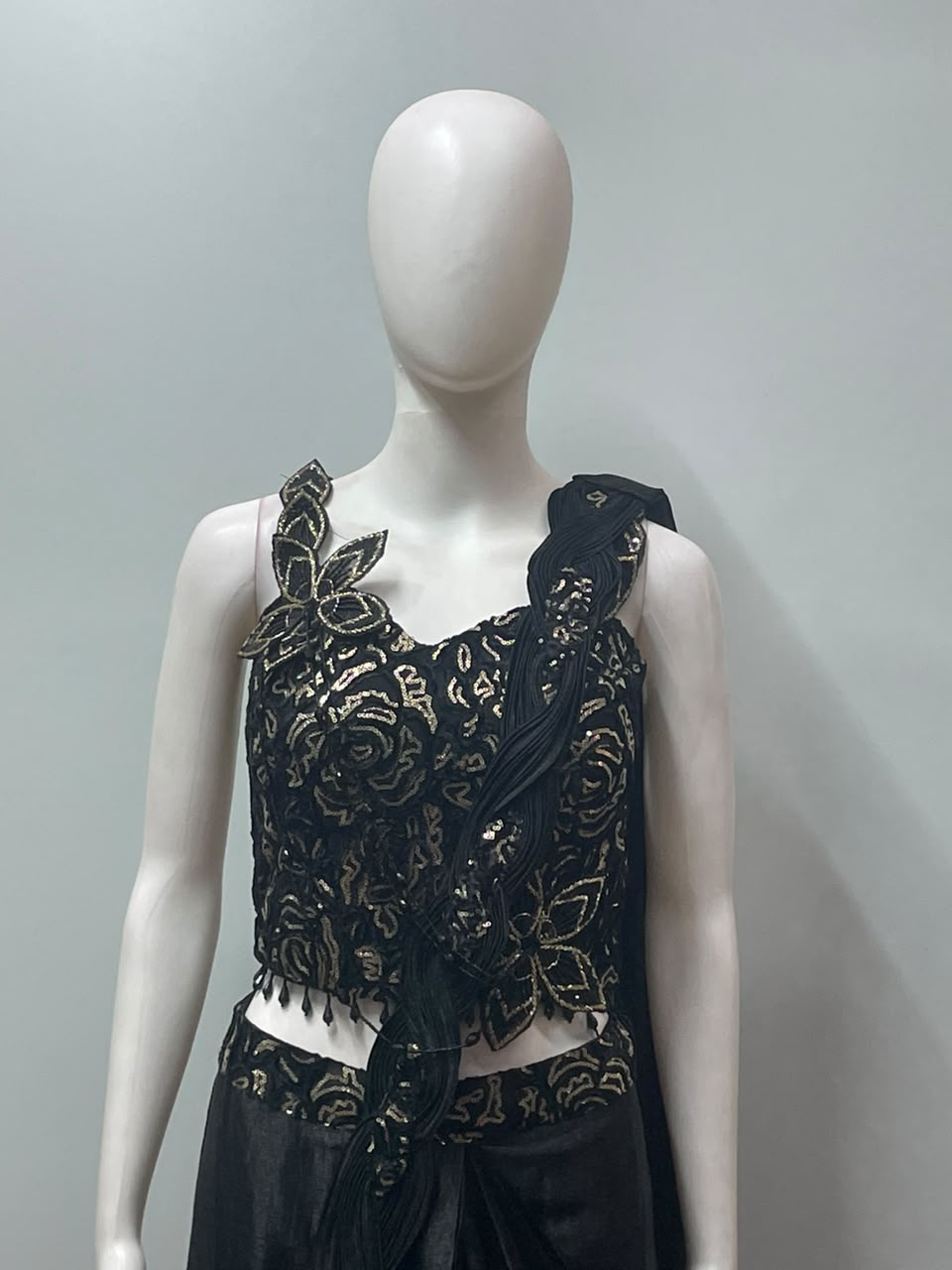 Black Appliqué Draped Saree Set