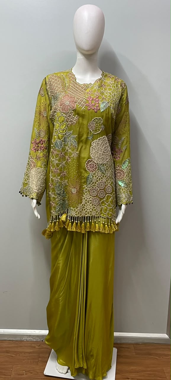 Chartreuse Olive Botanical Embroidered Palazzo Couture Ensemble