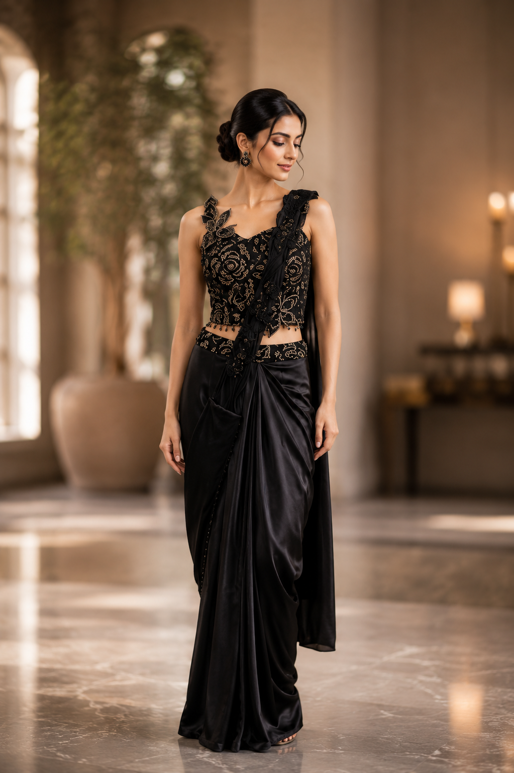 Black Appliqué Draped Saree Set