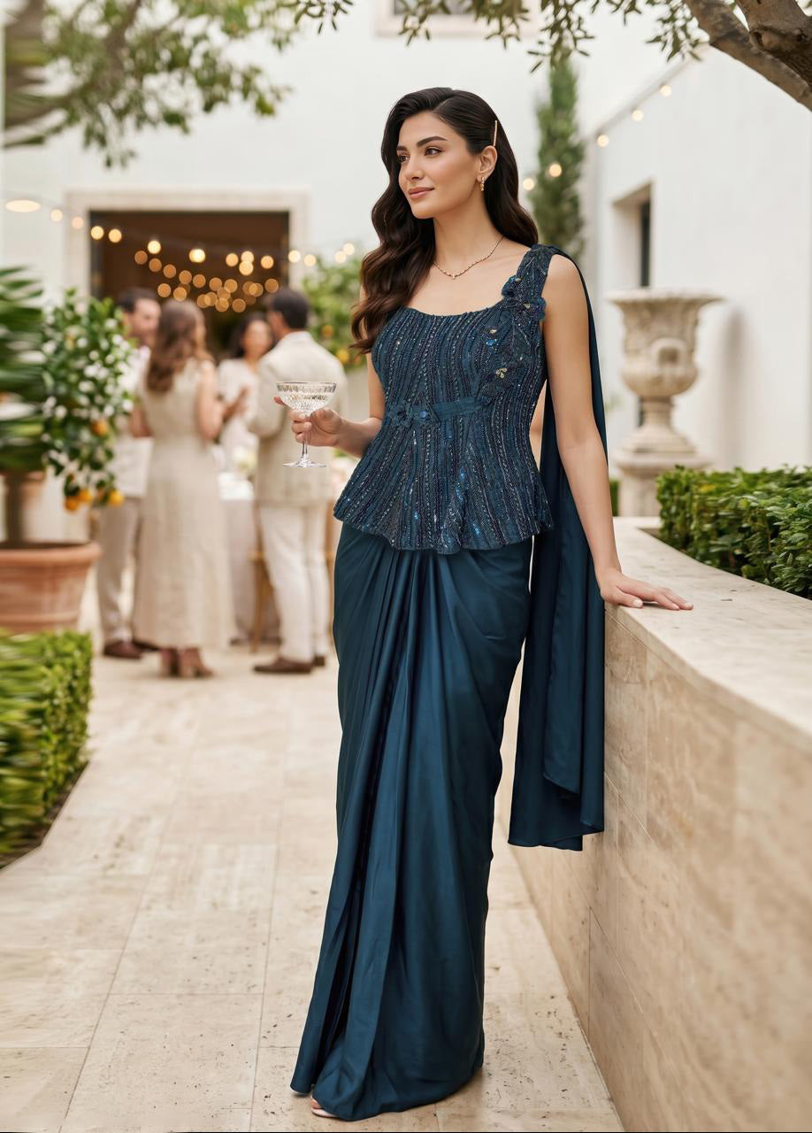 Midnight Teal Peplum Draped Saree Ensemble