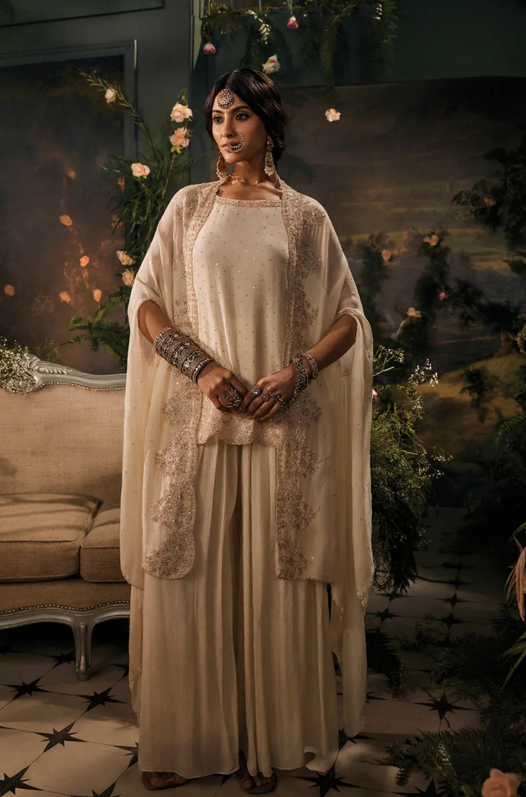 Regal Ivory Embellished Cape Ensemble - MishUUU