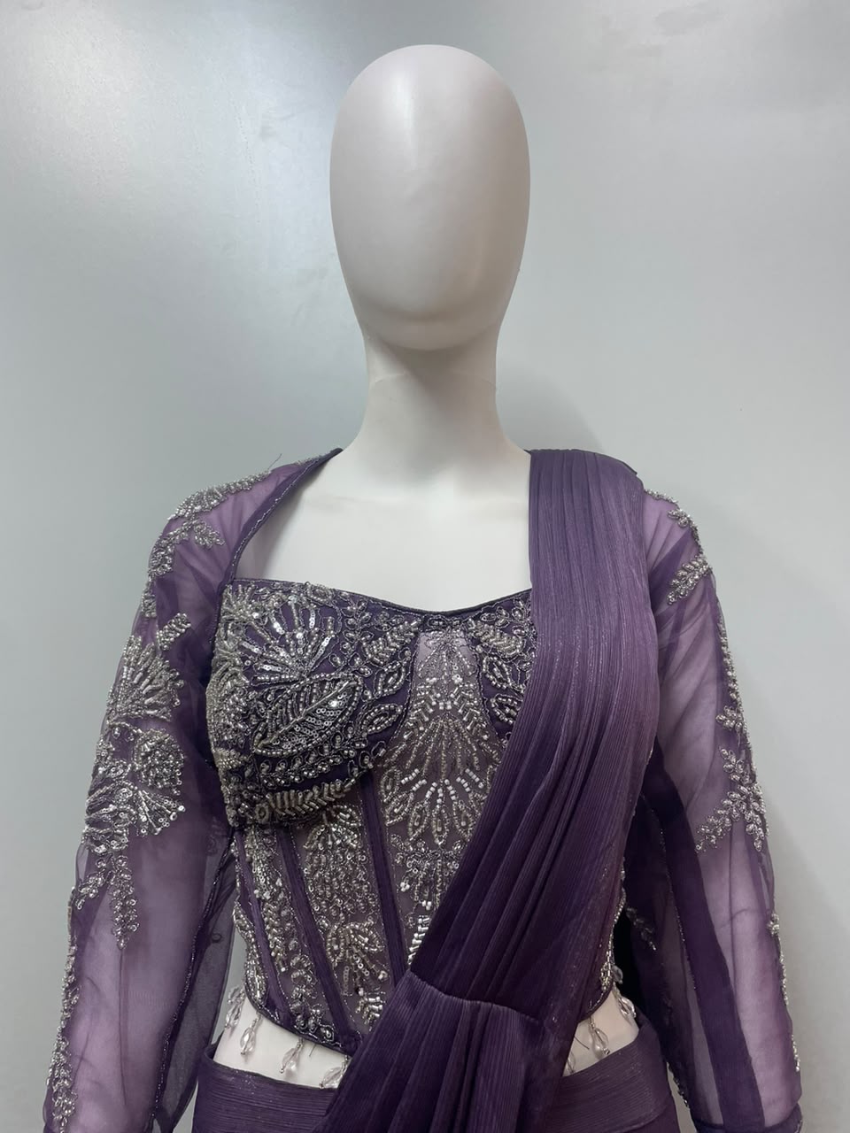 Plum Silver Draped Saree Set