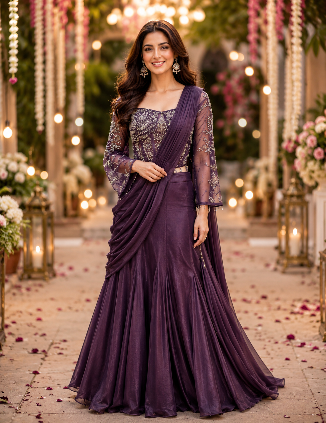 Plum Silver Draped Saree Set