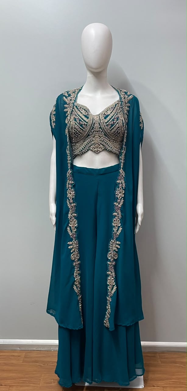 Peacock Jewel Embroidered Cape Palazzo Set