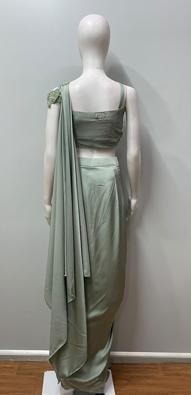 Sage Pearl Floral Draped Saree Set