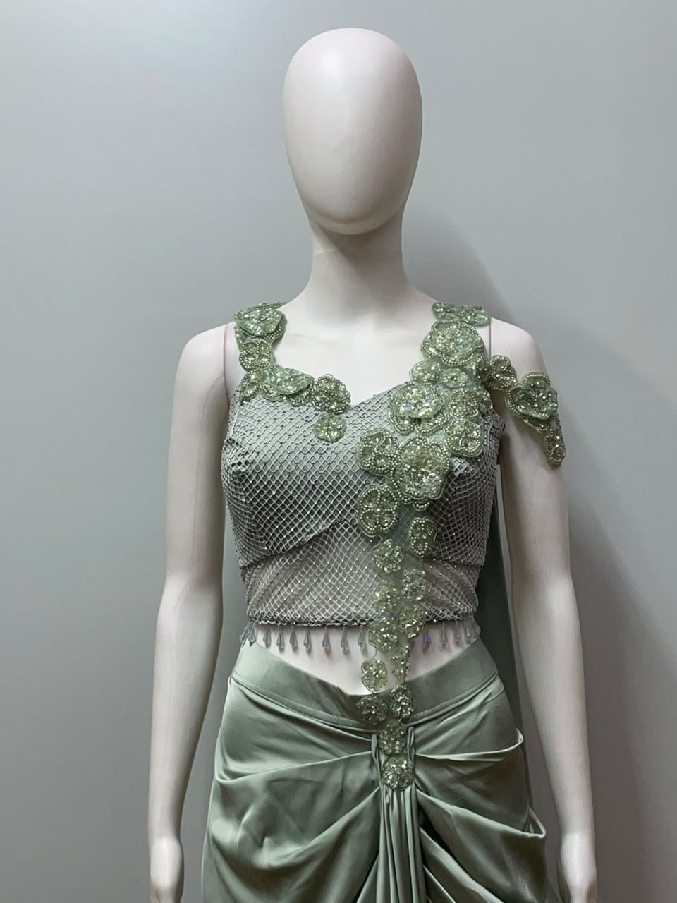 Sage Pearl Floral Draped Saree Set