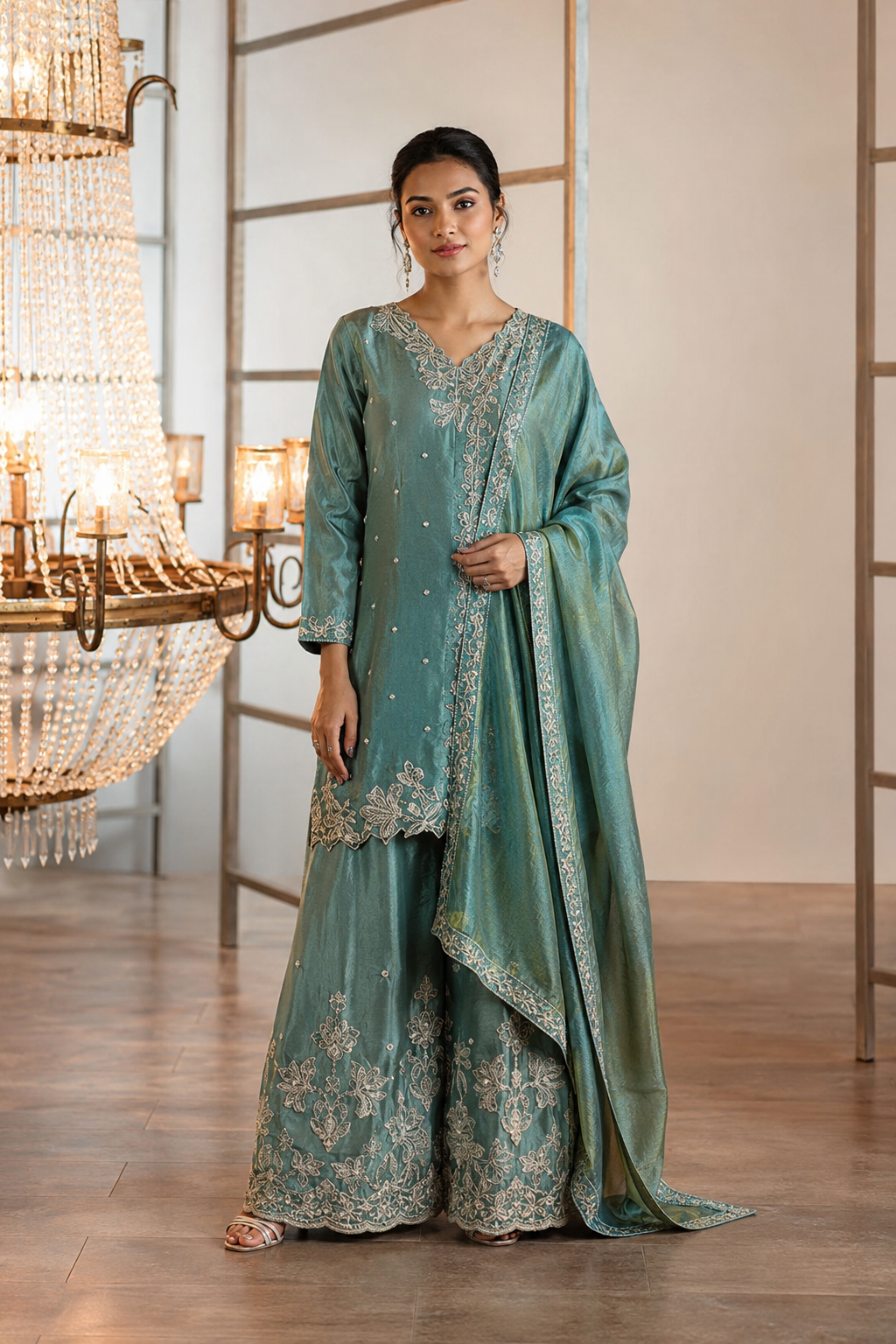 Sea Green Embroidered Sharara Set