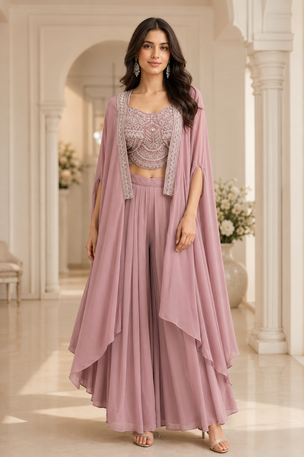 Dusty Rose Mirror Cape Sharara Ensemble