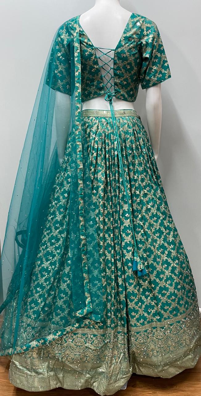 Turquoise Antique Gold Zari Lehenga Ensemble