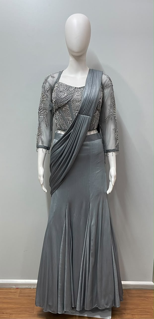 Steel Grey Silver Draped Saree Set