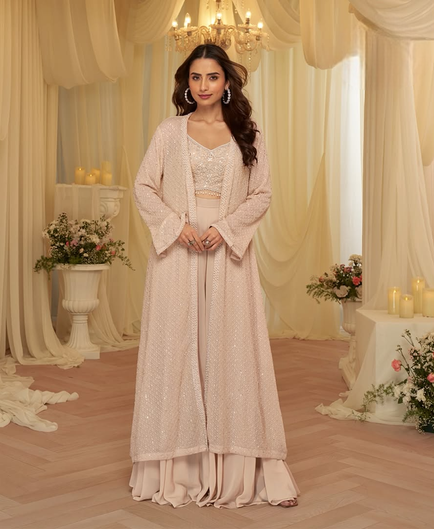 Blush Champagne Embellished Lehenga with Long Sequin Jacket