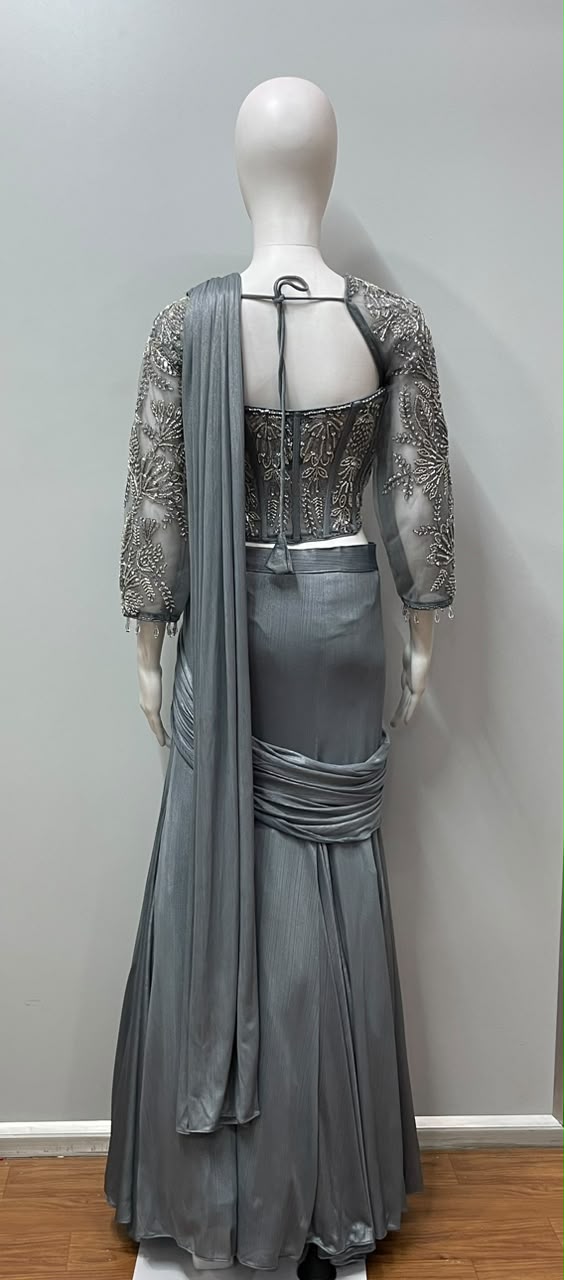 Steel Grey Silver Draped Saree Set