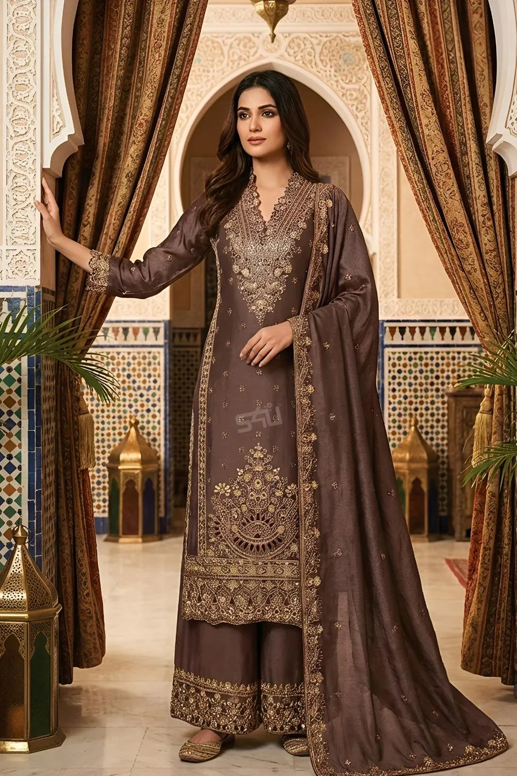 Chocolate Brown Embroidered Kurta Pant Set - MishUUU