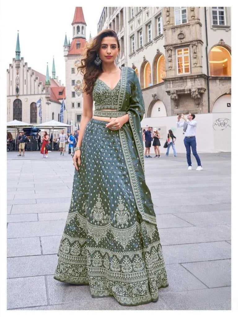 Olive Green Embroidered Lehenga Set - MishUUU