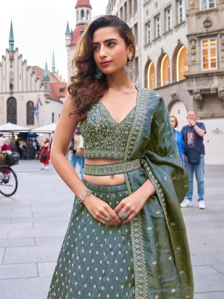 Olive Green Embroidered Lehenga Set - MishUUU