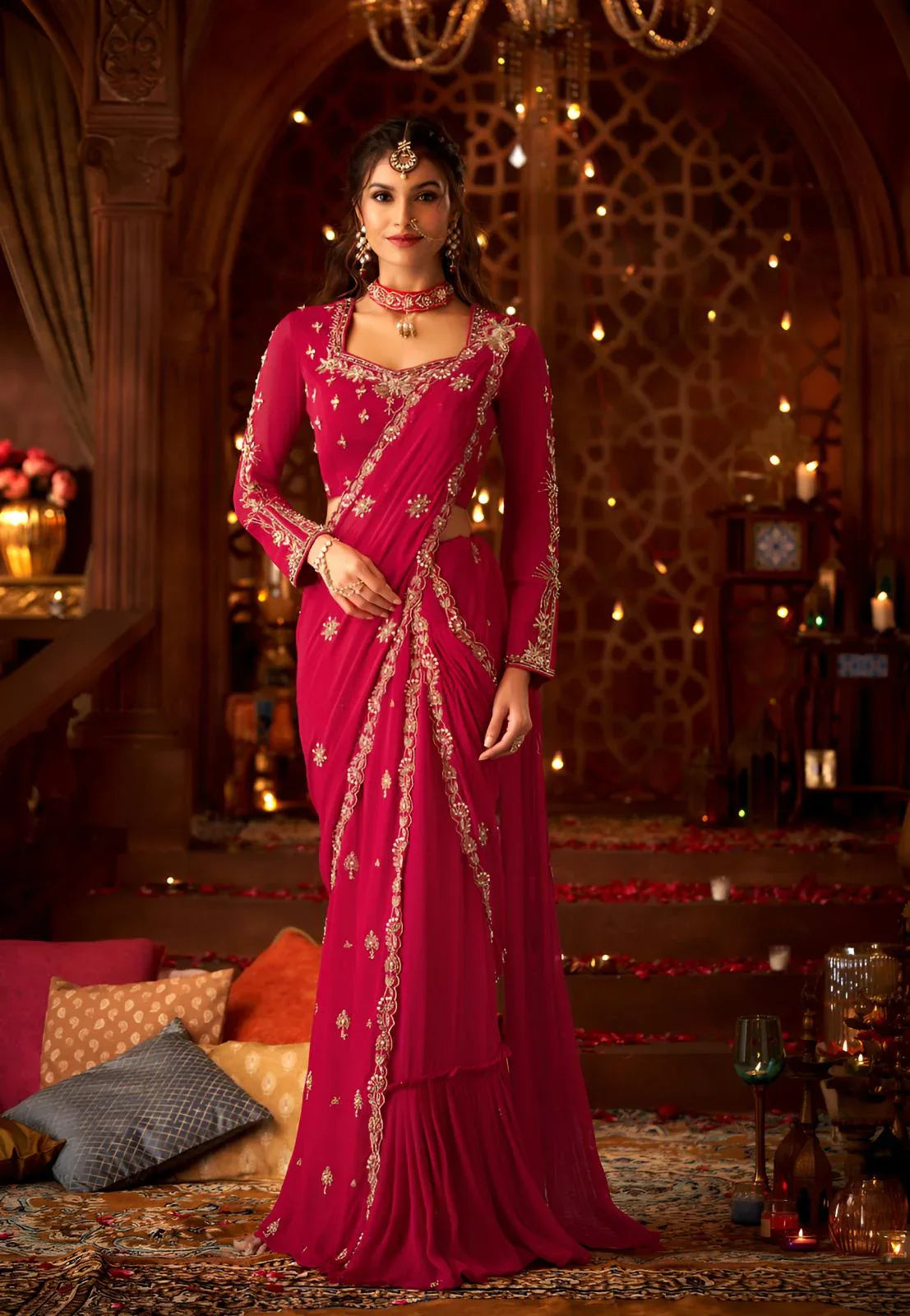 Magenta Embroidered Saree Gown - MishUUU
