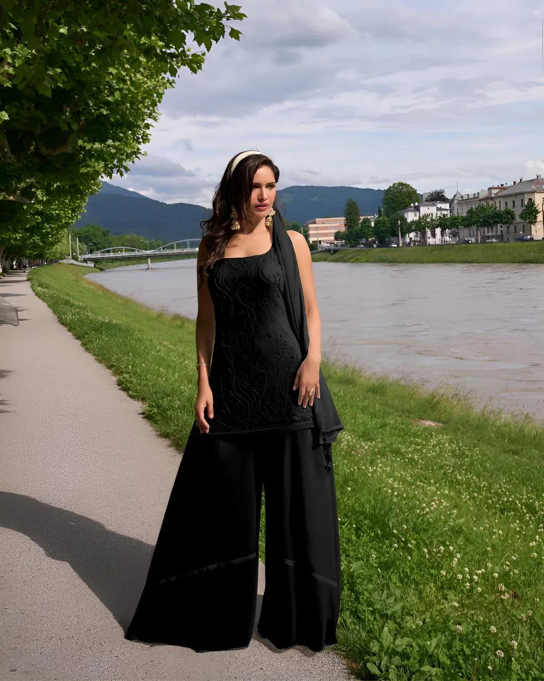 Black Embroidered One-Shoulder Sharara Set - MishUUU