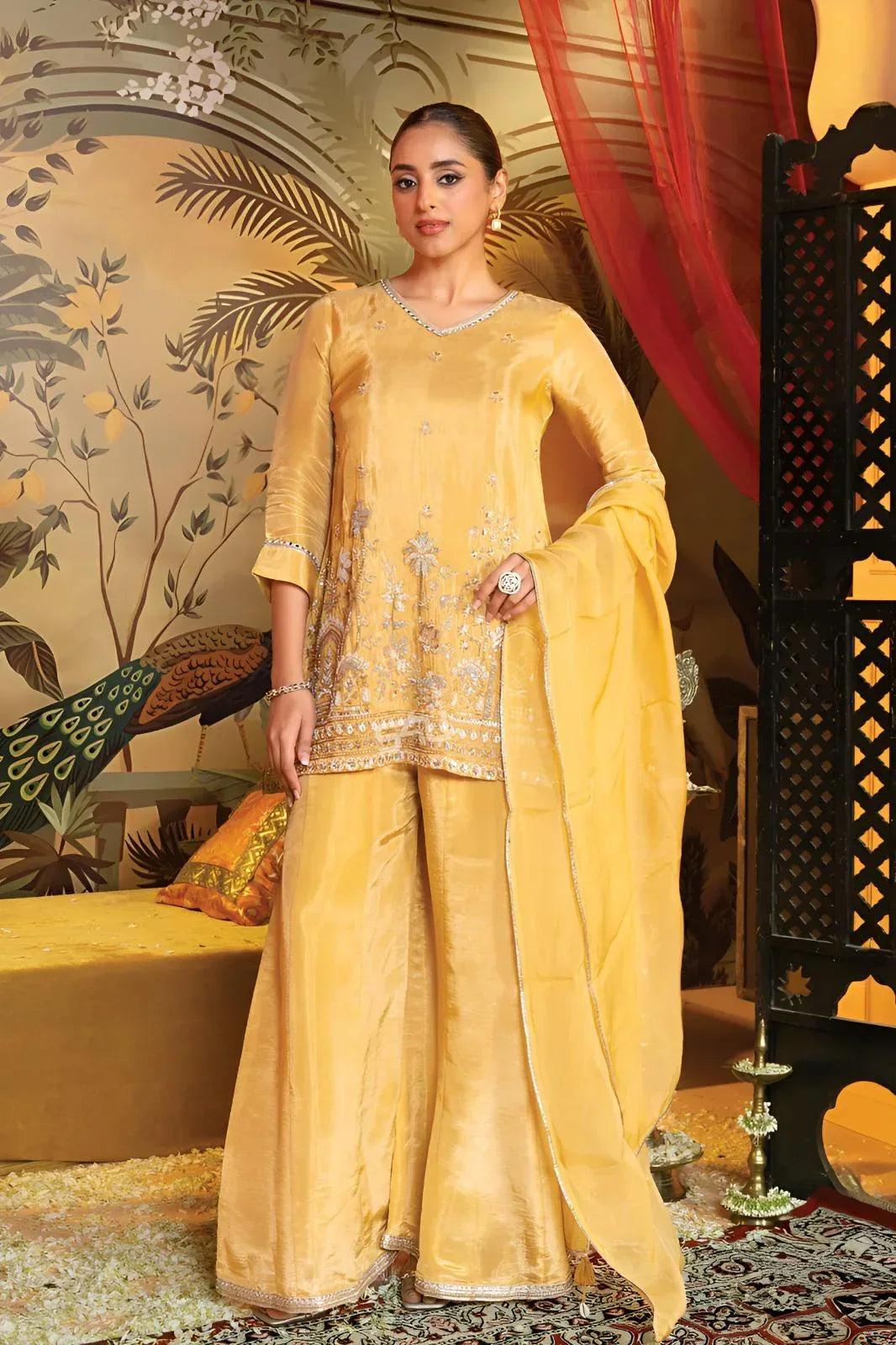 Golden Yellow Embroidered Kurta Pant Set - MishUUU