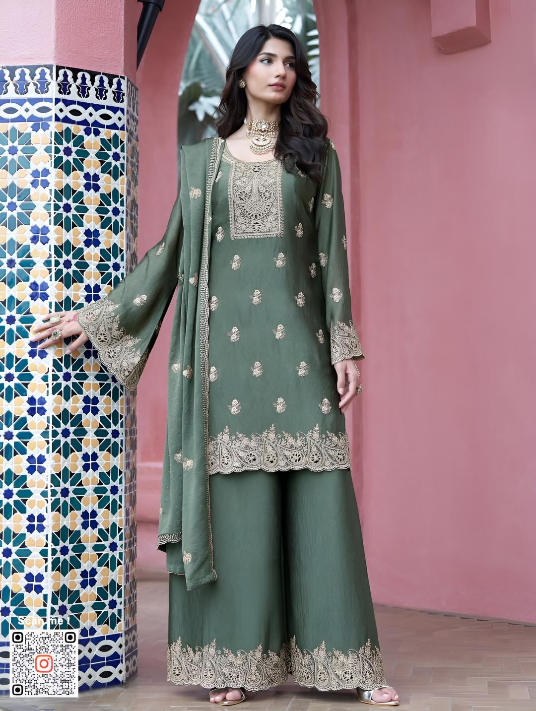 Olive Green Embroidered Kurta Palazzo Set