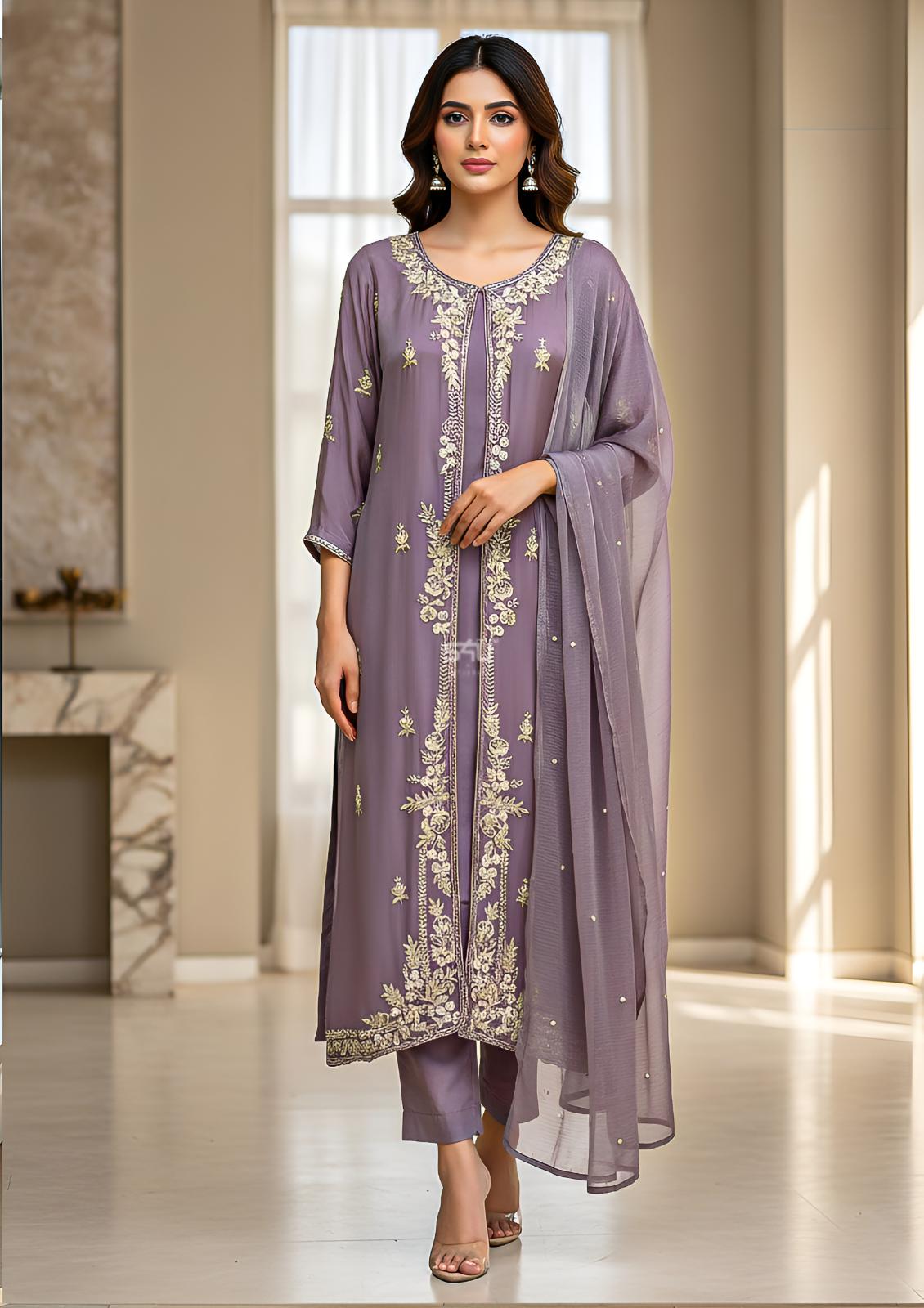 Mauve Zari Straight Kurta Set