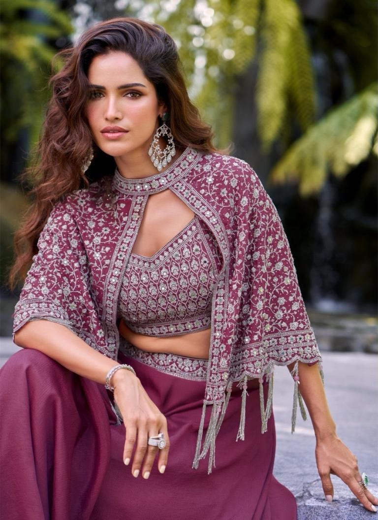 Wine Embroidered Cape Lehenga Set