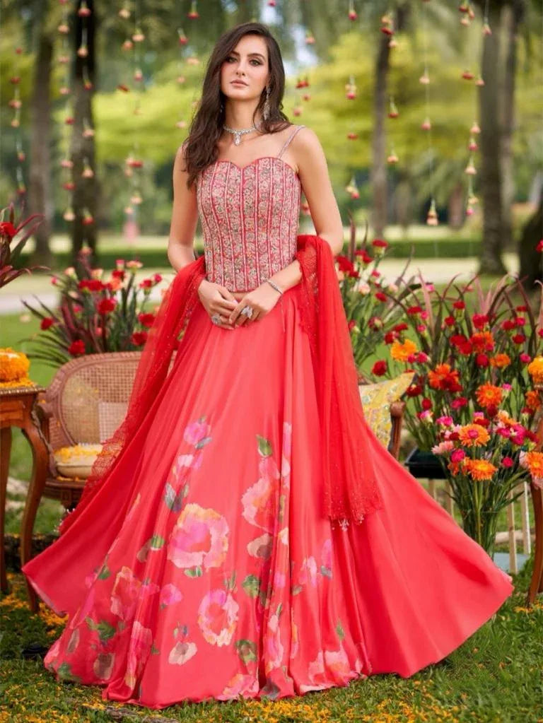 Coral Floral Corset Lehenga Set - MishUUU