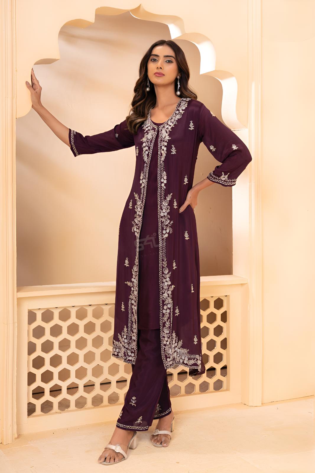 Plum Zari Straight Kurta Set