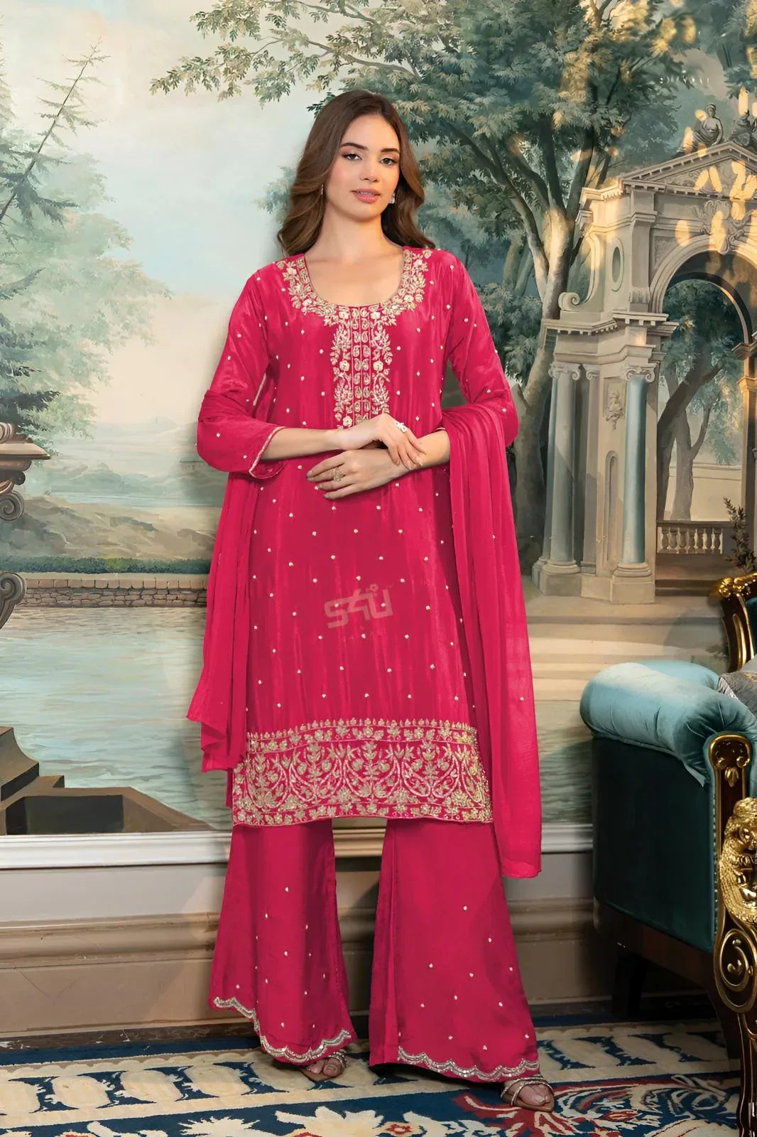 Fuchsia Embroidered Kurta Palazzo Dupatta Set - MishUUU