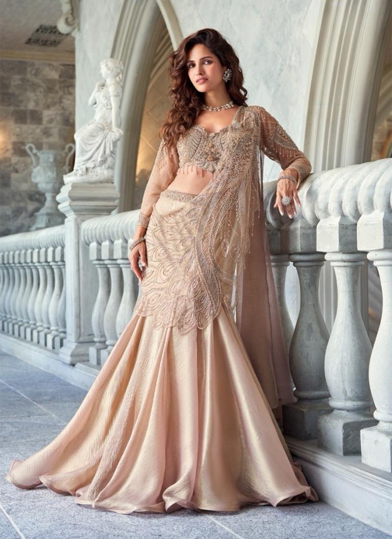 Champagne Gold Embroidered Draped Lehenga Set
