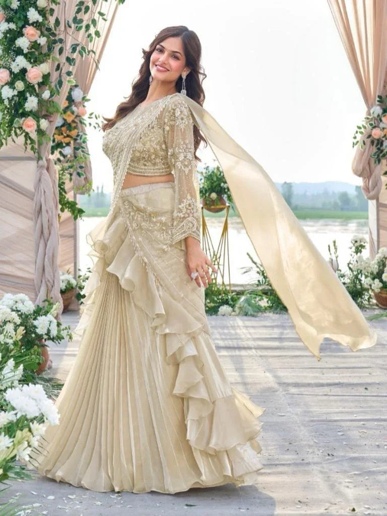Champagne Gold Ruffled Saree Lehenga Set - MishUUU