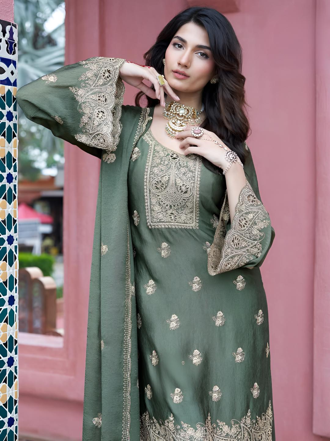 Olive Green Embroidered Kurta Palazzo Set