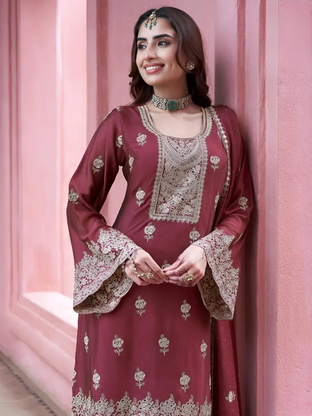 Wine Maroon Embroidered Kurta Set - MishUUU