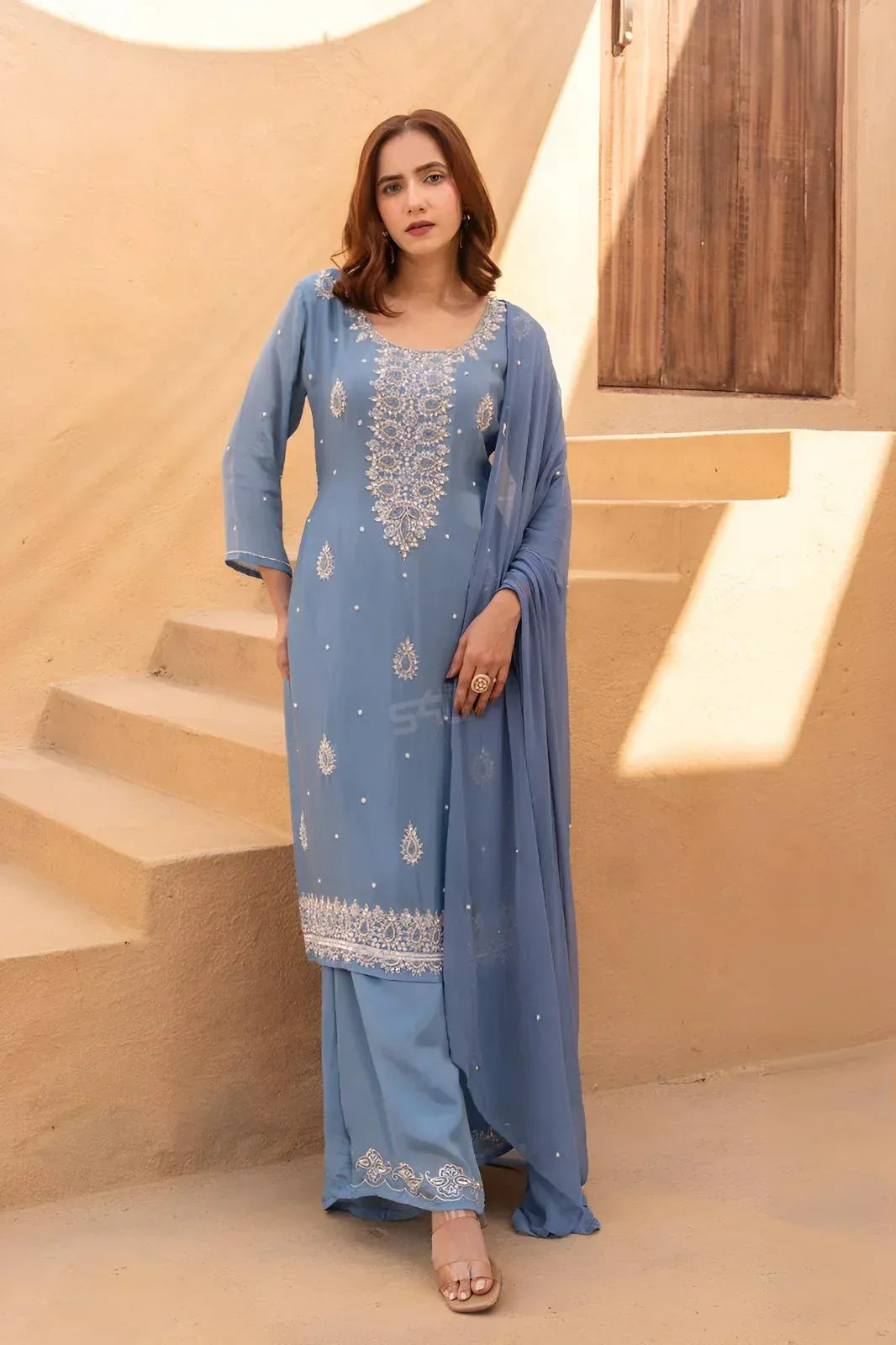 Sky Blue Embroidered Kurta Palazzo Set - MishUUU